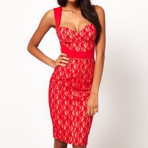 ASOS Sexy Midi Pencil with Lace Insert in Red
